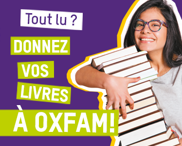 Une fille avec des livres et le texte "tout lu ? Donnez vos livres à Oxfam !"
